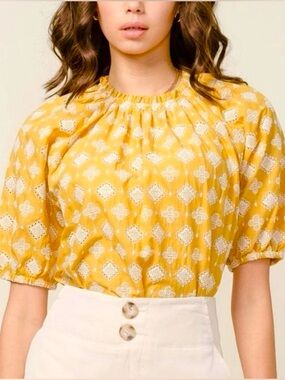 Greylin Anthropologie Embroidered Puff Sleeve Eyelet Blouse Top Sz S